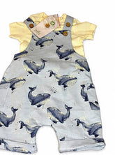 Whale printed dungaree with ribbed romper