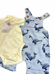 Whale printed dungaree with ribbed romper