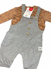Grey ribbed dungaree with brown shirt