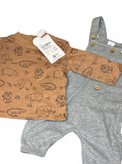 Grey ribbed dungaree with brown shirt