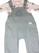 Sea green air balloon theme dungaree with white ribbed shirt