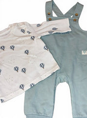 Sea green air balloon theme dungaree with white ribbed shirt