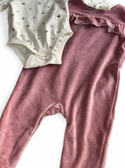 Pink velvet dungaree with biege romper