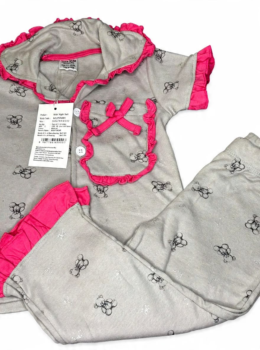Grey Teddy bear ruffled night suit