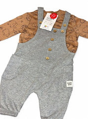 Grey ribbed dungaree with brown shirt