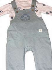 Sea green air balloon theme dungaree with white ribbed shirt
