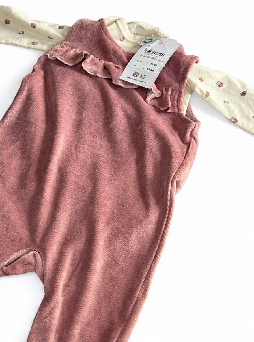 Pink velvet dungaree with biege romper